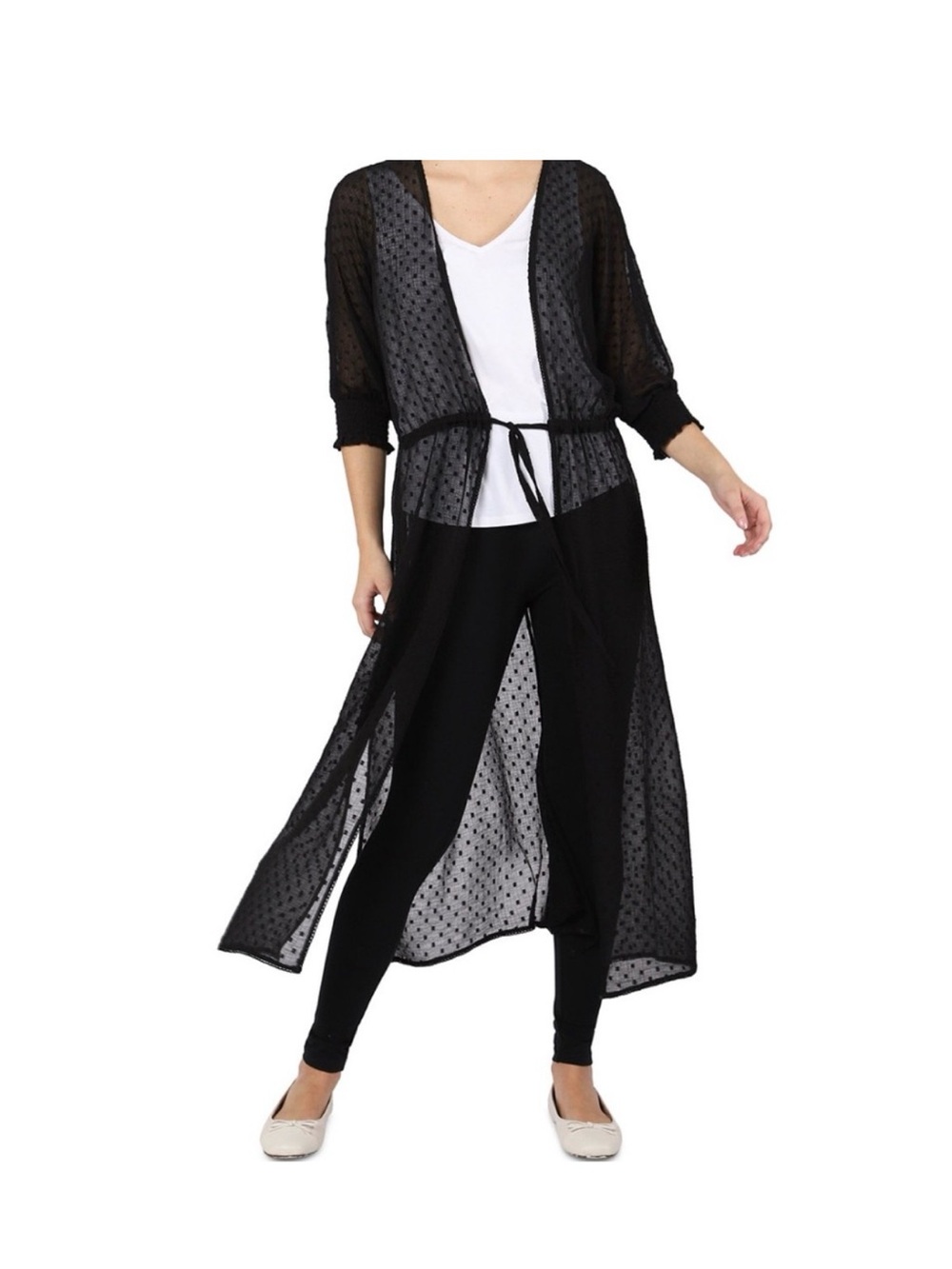 Black Sheer Polka-Dot Tie-Waist Robe